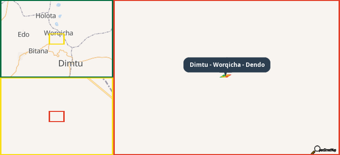 Map showing the address of Dimtu - Worqicha - Dendo in three different zoom levels.