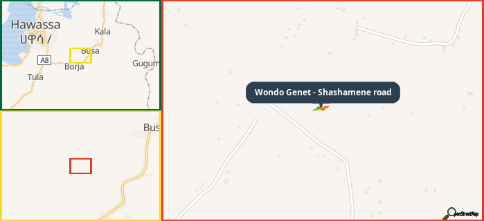 Map showing the address of Wondo Genet - Shashamene road in three different zoom levels.