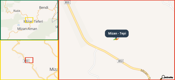 Map showing the address of Mizan - Tepi in three different zoom levels.