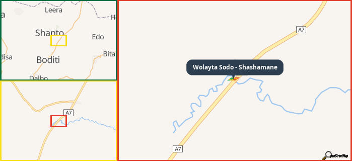 Map showing the address of Wolayta Sodo - Shashamane in three different zoom levels.