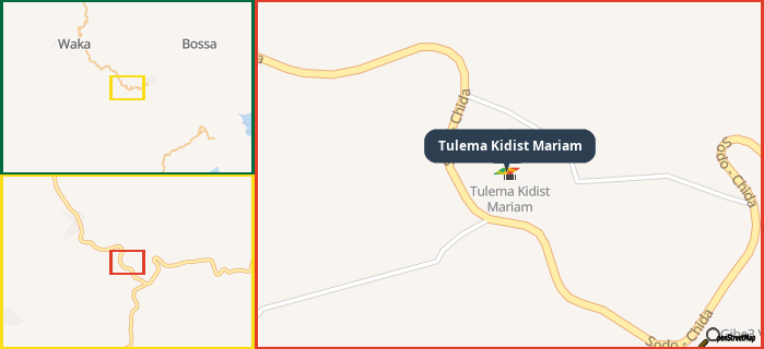 Map showing the address of Tulema Kidist Mariam in three different zoom levels.