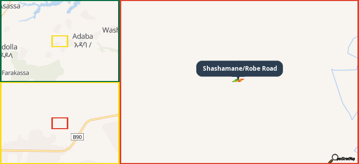 Map showing the address of Shashamane/Robe Road in three different zoom levels.