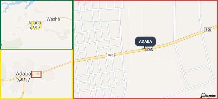 Map showing the address of ADABA in three different zoom levels.