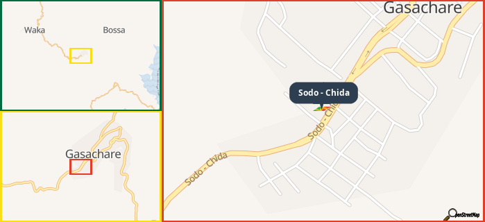 Map showing the address of Sodo - Chida in three different zoom levels.