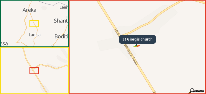 Map showing the address of St Giorgis church in three different zoom levels.