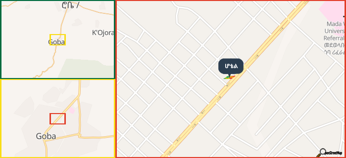 Map showing the address of ሆቴል in three different zoom levels.