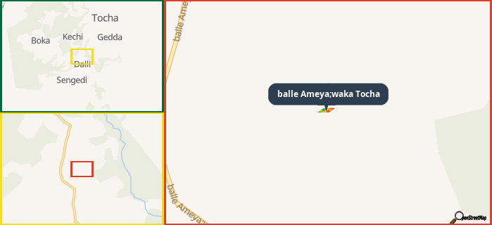 Map showing the address of balle Ameya;waka Tocha in three different zoom levels.