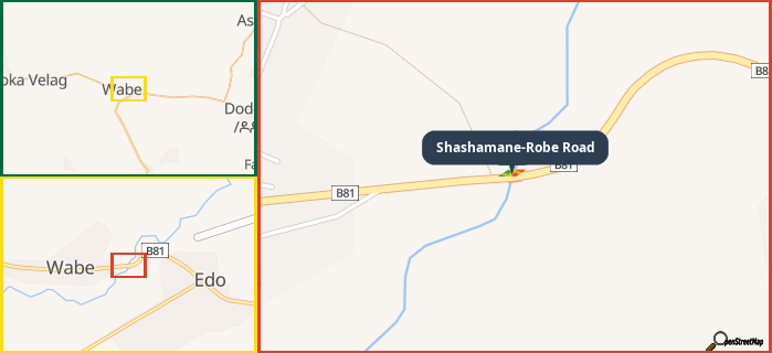 Map showing the address of Shashamane-Robe Road in three different zoom levels.
