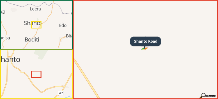 Map showing the address of Shanto Road in three different zoom levels.