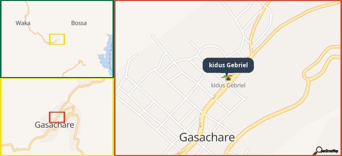 Map showing the address of kidus Gebriel in three different zoom levels.
