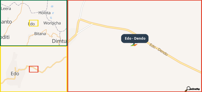 Map showing the address of Edo - Dendo in three different zoom levels.