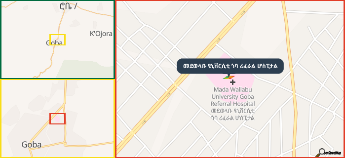 Map showing the address of መደወላቡ ዩኒቨርሲቲ ጎባ ሪፈራል ሆስፒታል in three different zoom levels.