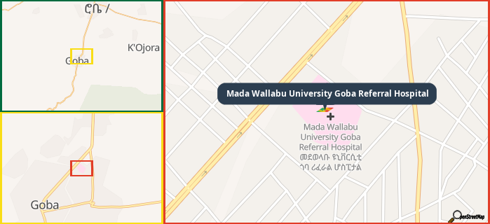 Map showing the address of Mada Wallabu University Goba Referral Hospital in three different zoom levels.