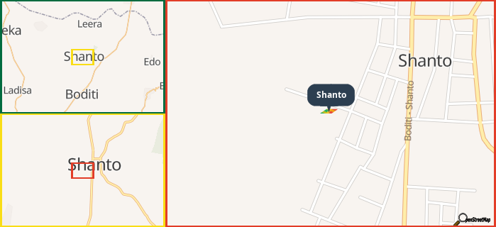Map showing the address of Shanto in three different zoom levels.