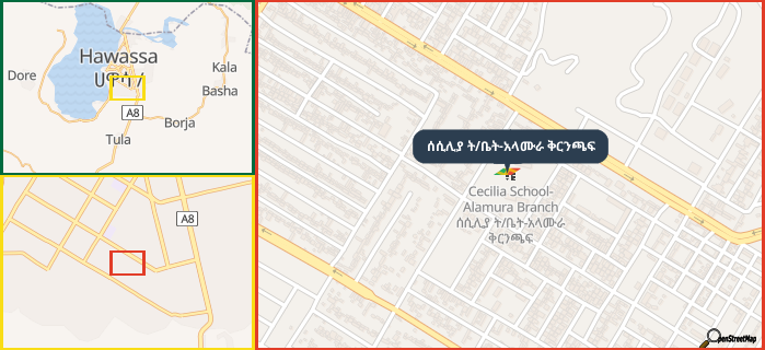 Map showing the address of ሰሲሊያ ት/ቤት-አላሙራ ቅርንጫፍ in three different zoom levels.