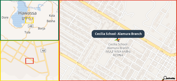 Map showing the address of Cecilia School- Alamura Branch in three different zoom levels.