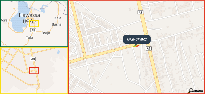 Map showing the address of አዲሱ መነሀሪያ in three different zoom levels.