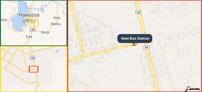 Map showing the address of New Bus Station in three different zoom levels.