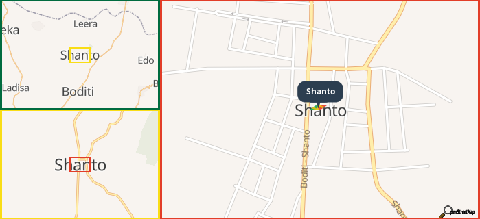Map showing the address of Shanto in three different zoom levels.