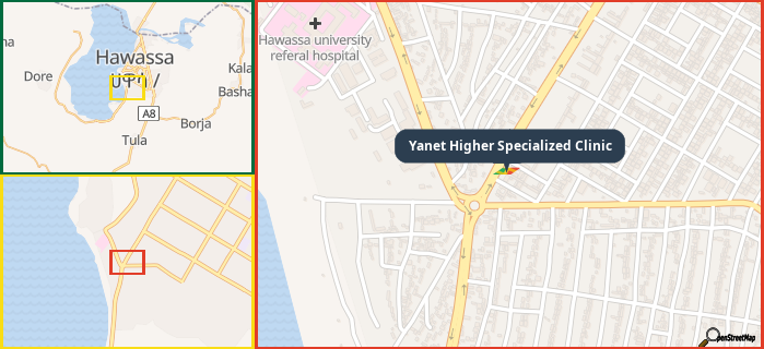 Map showing the address of Yanet Higher Specialized Clinic in three different zoom levels.