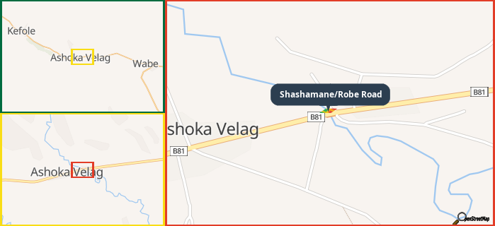Map showing the address of Shashamane/Robe Road in three different zoom levels.