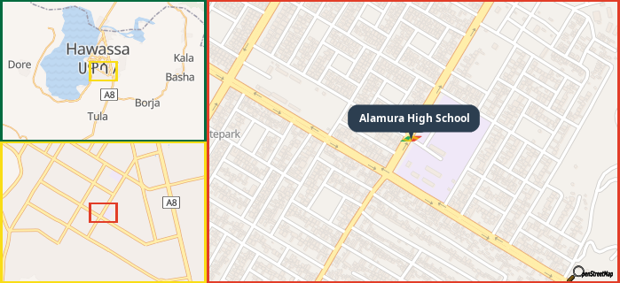 Map showing the address of Alamura High School in three different zoom levels.
