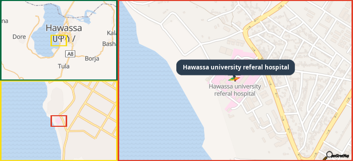Map showing the address of Hawassa university referal hospital in three different zoom levels.