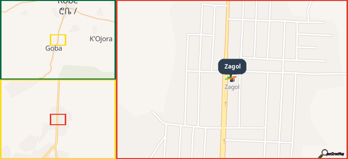 Map showing the address of Zagol in three different zoom levels.