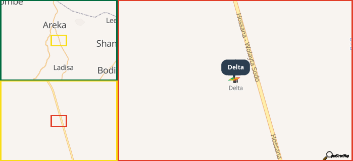 Map showing the address of Delta in three different zoom levels.