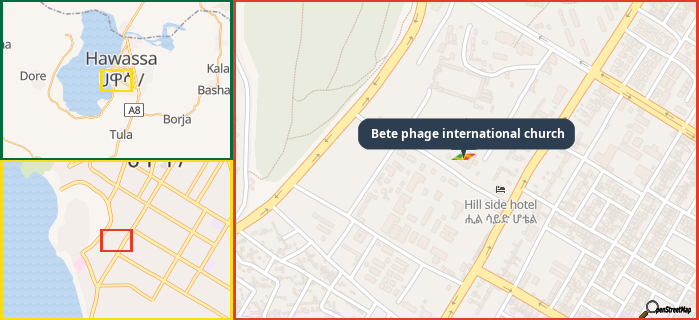Map showing the address of Bete phage international church in three different zoom levels.