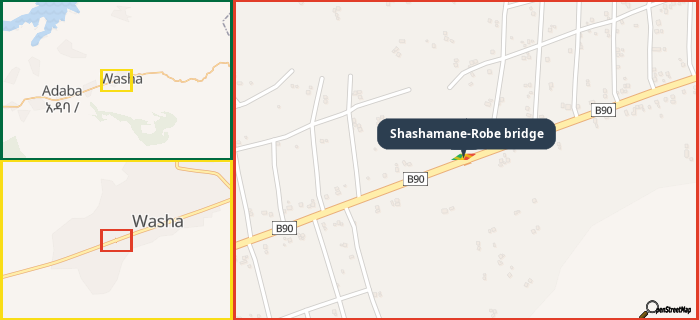 Map showing the address of Shashamane-Robe bridge in three different zoom levels.