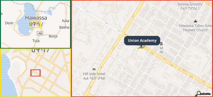 Map showing the address of Union Academy in three different zoom levels.
