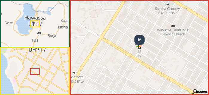 Map showing the address of M in three different zoom levels.
