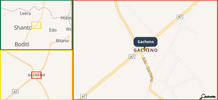 Map showing the address of Gacheno in three different zoom levels.
