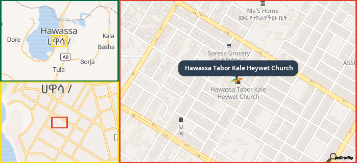 Map showing the address of Hawassa Tabor Kale Heywet Church in three different zoom levels.