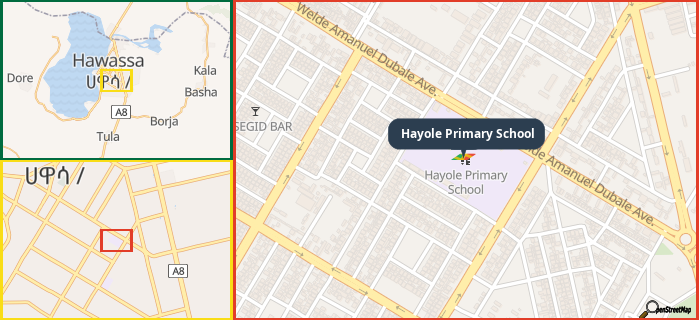 Map showing the address of Hayole Primary School in three different zoom levels.
