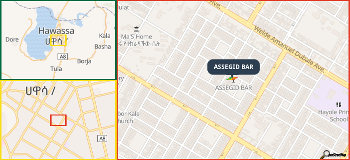 Map showing the address of ASSEGID BAR in three different zoom levels.