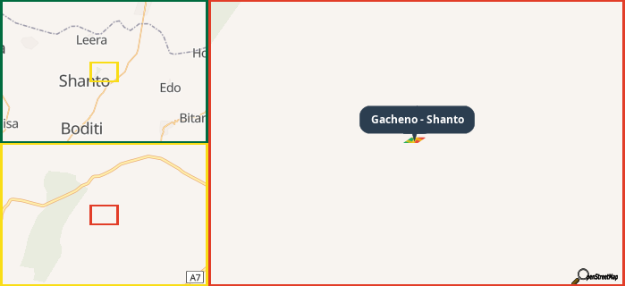 Map showing the address of Gacheno - Shanto in three different zoom levels.