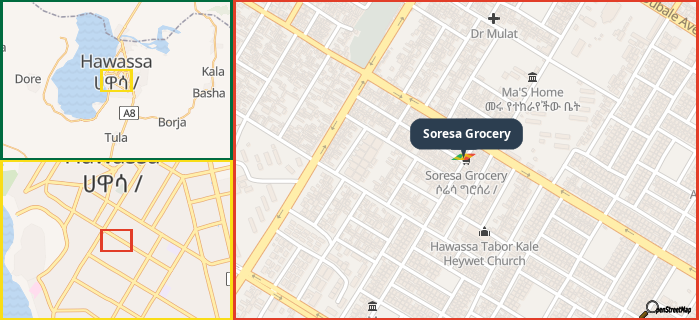 Map showing the address of Soresa Grocery in three different zoom levels.