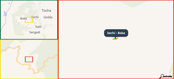 Map showing the address of kechi - Boka in three different zoom levels.