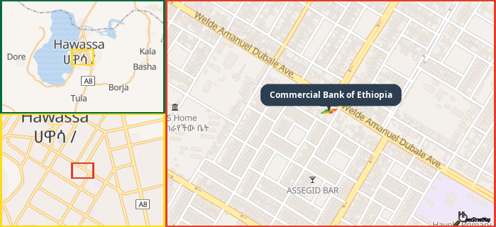 Map showing the address of Commercial Bank of Ethiopia in three different zoom levels.