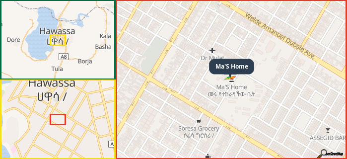 Map showing the address of Ma'S Home in three different zoom levels.