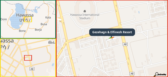 Map showing the address of Gezehagn & Elfinesh Resort in three different zoom levels.