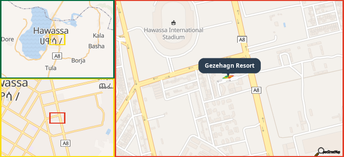 Map showing the address of Gezehagn Resort in three different zoom levels.