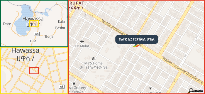 Map showing the address of ኬራዊ ኢንተርናሽናል ሆቴል in three different zoom levels.