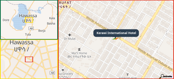 Map showing the address of Kerawi International Hotel in three different zoom levels.
