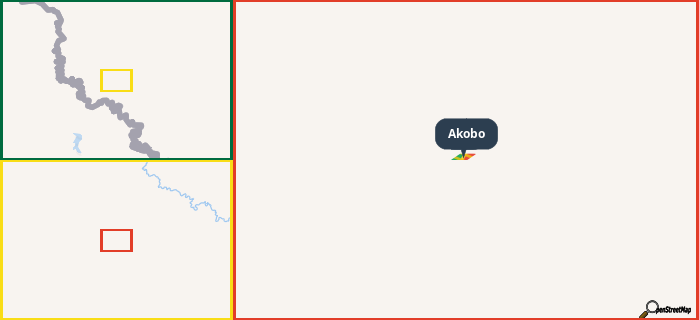 Map showing the address of Akobo in three different zoom levels.