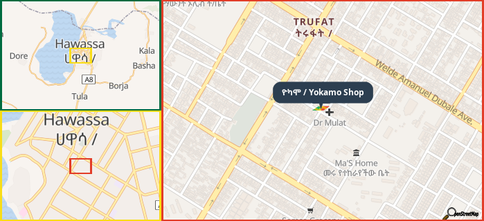 Map showing the address of ዮካሞ / Yokamo Shop in three different zoom levels.