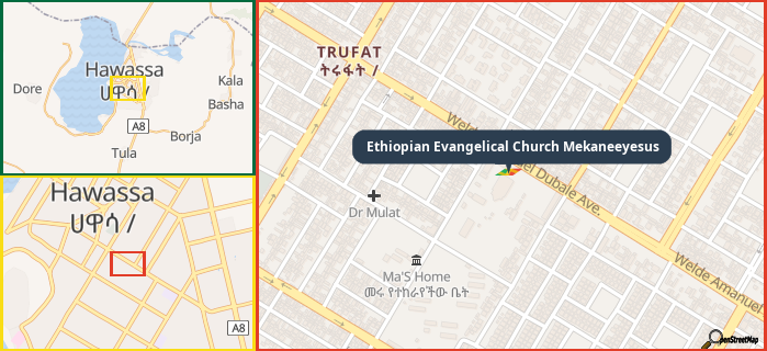 Map showing the address of Ethiopian Evangelical Church Mekaneeyesus in three different zoom levels.