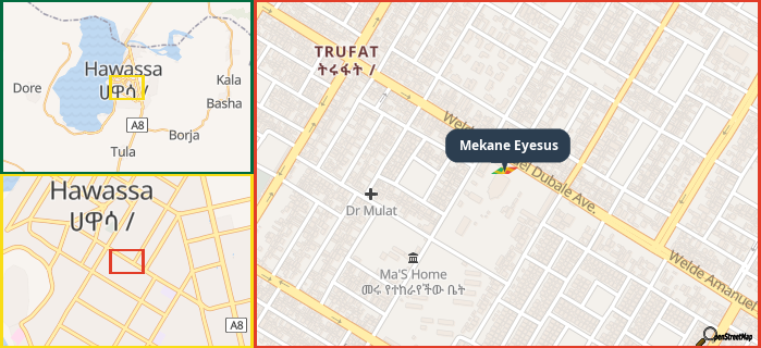 Map showing the address of Mekane Eyesus in three different zoom levels.